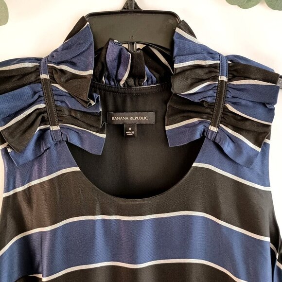 Banana Republic Blue Black Satin Ruffle Neck Sleeveless Dress Size 8 Lined - Picture 4 of 10